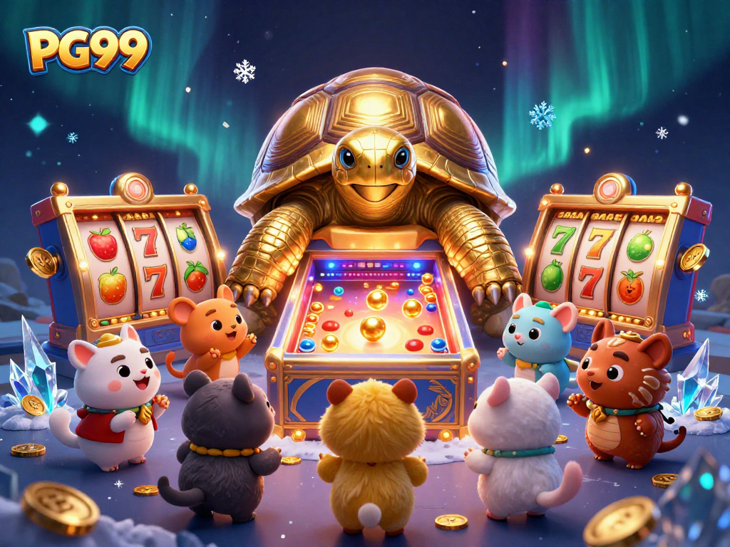 Experience PG99's thrilling jackpot games with a dynamic illustration of a golden tortoise and exciting animals.