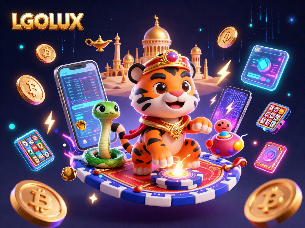 Experience winning opportunities at LGOLUX with a vibrant Arabian Nights-themed casino scene featuring crypto elements.