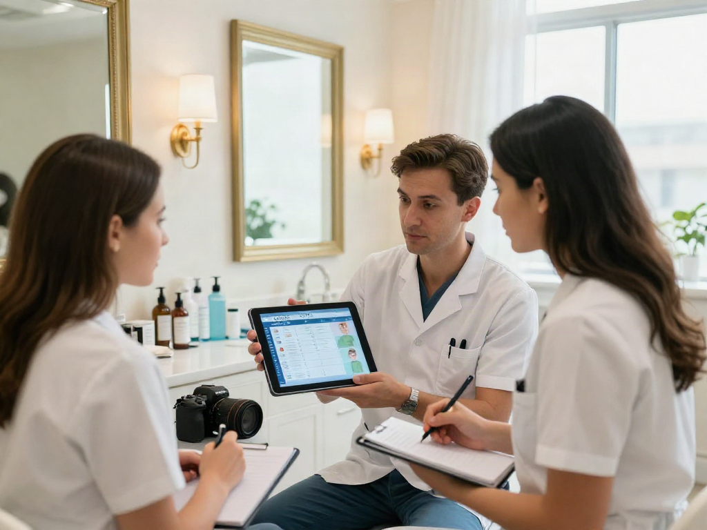 ClinicEvo vs QOVES professionals analyzing facial aesthetics in a modern clinic.