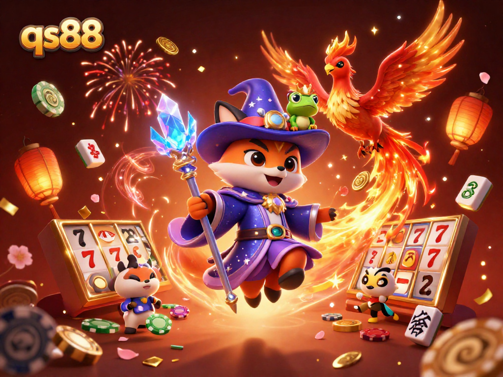 Engage in exciting gameplay at qs88 with a mystical wizard fox and a phoenix among dynamic casino elements.