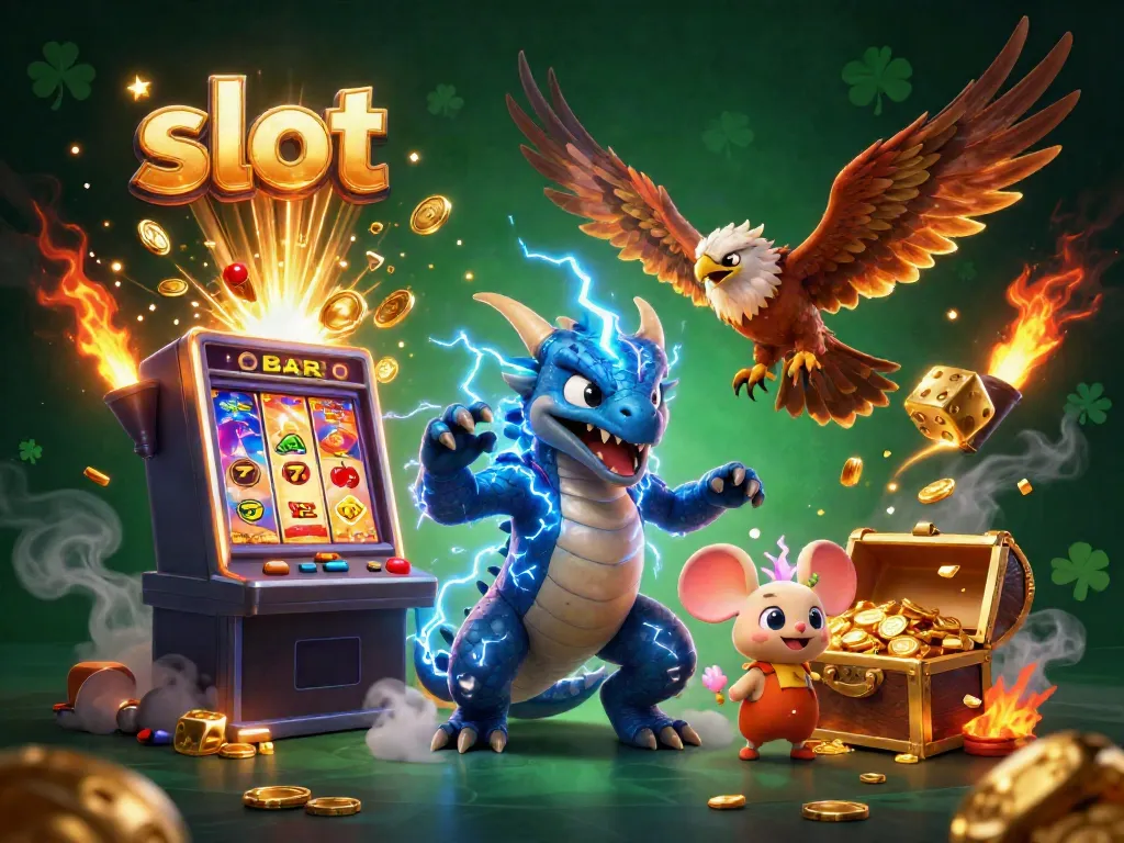 Experience the thrill of slot games with a vibrant 3D scene featuring dynamic characters and a jackpot machine.