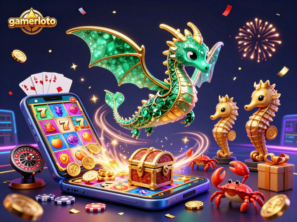 gamerloto players enjoying a vibrant scene featuring 3D cartoon sea dragon and dynamic casino elements