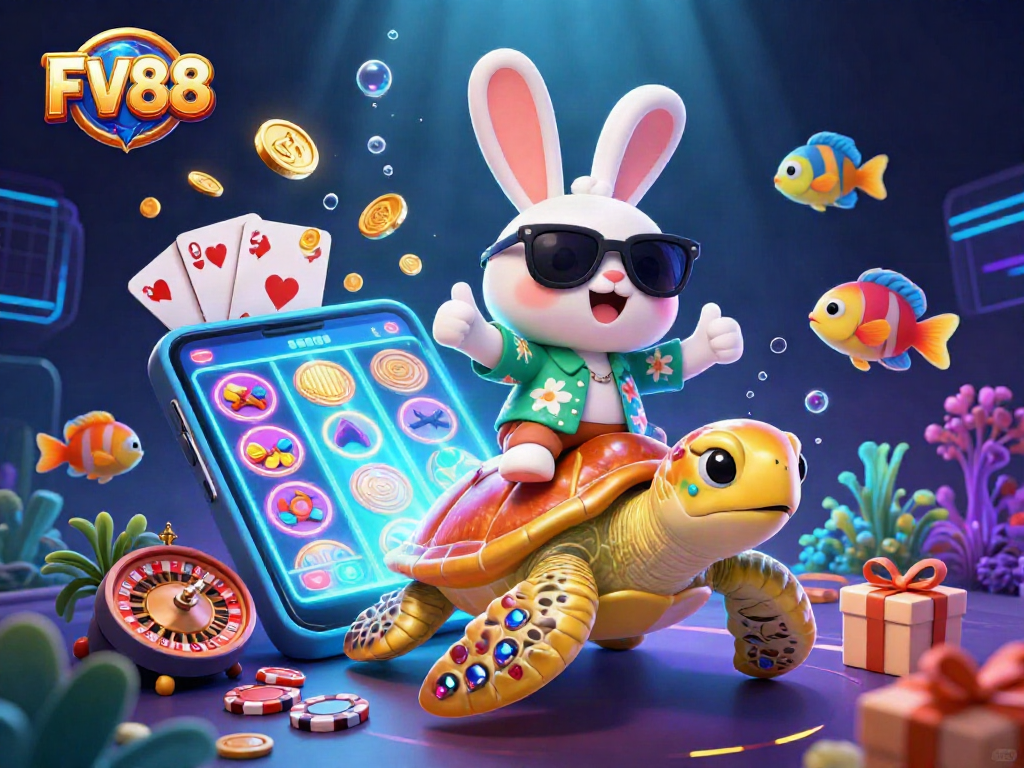 Engage with FV88 in vibrant 3D illustration showcasing dynamic casino action with lucky characters and exciting games.