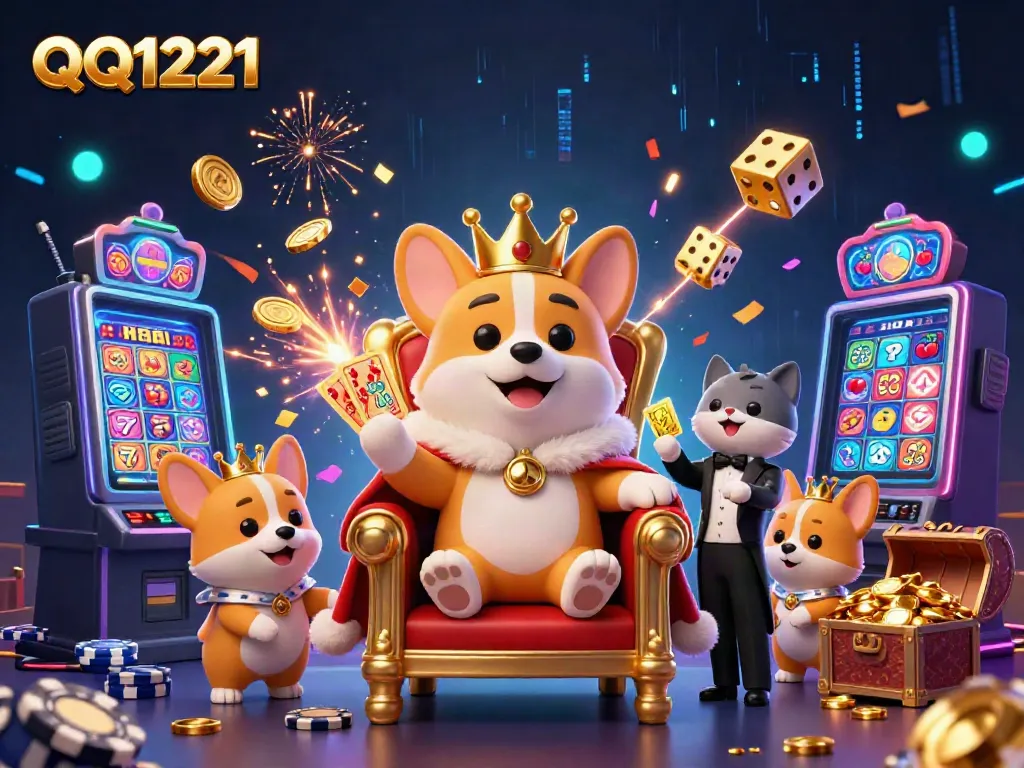 Experience the thrill of QQ1221 with a slot machine explosion and royal corgi characters in a vibrant casino scene.