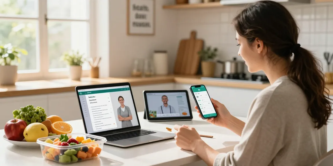 Engaging with the best calorie tracker app in a vibrant kitchen, surrounded by healthy food.