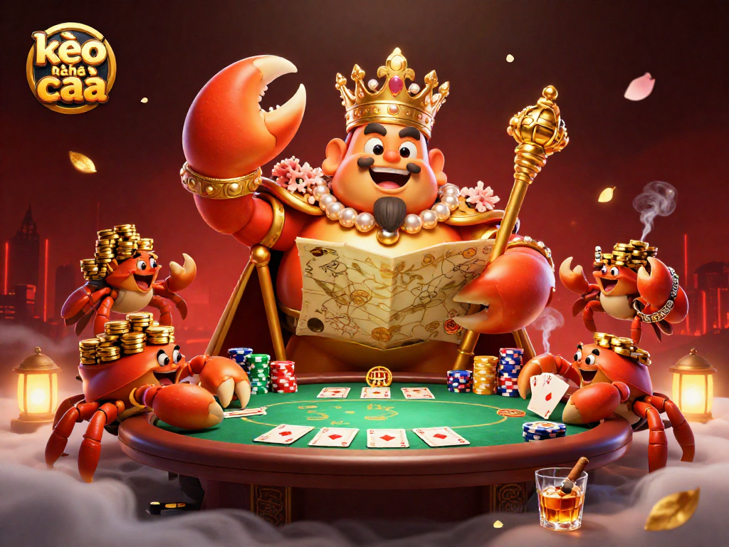 Engage with the dynamic world of kèo nhà cái featuring a grand crab emperor amidst vibrant casino elements.