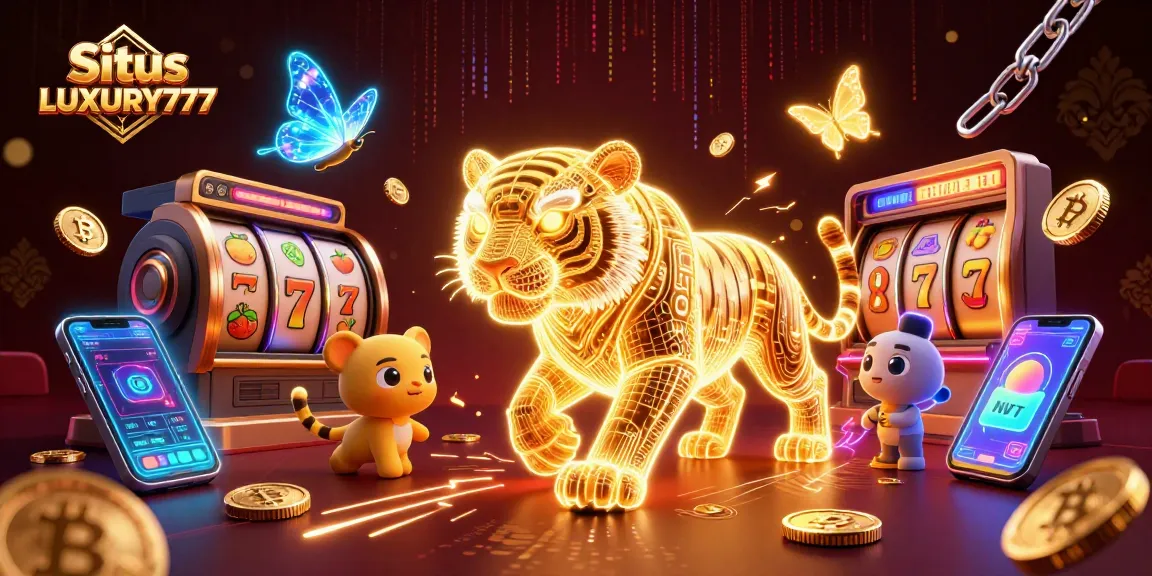 Gambarlah Situs LUXURY777 dengan simbol slot, tambahan jackpot, dan koin crypto mendampingi harimau emas 3D.