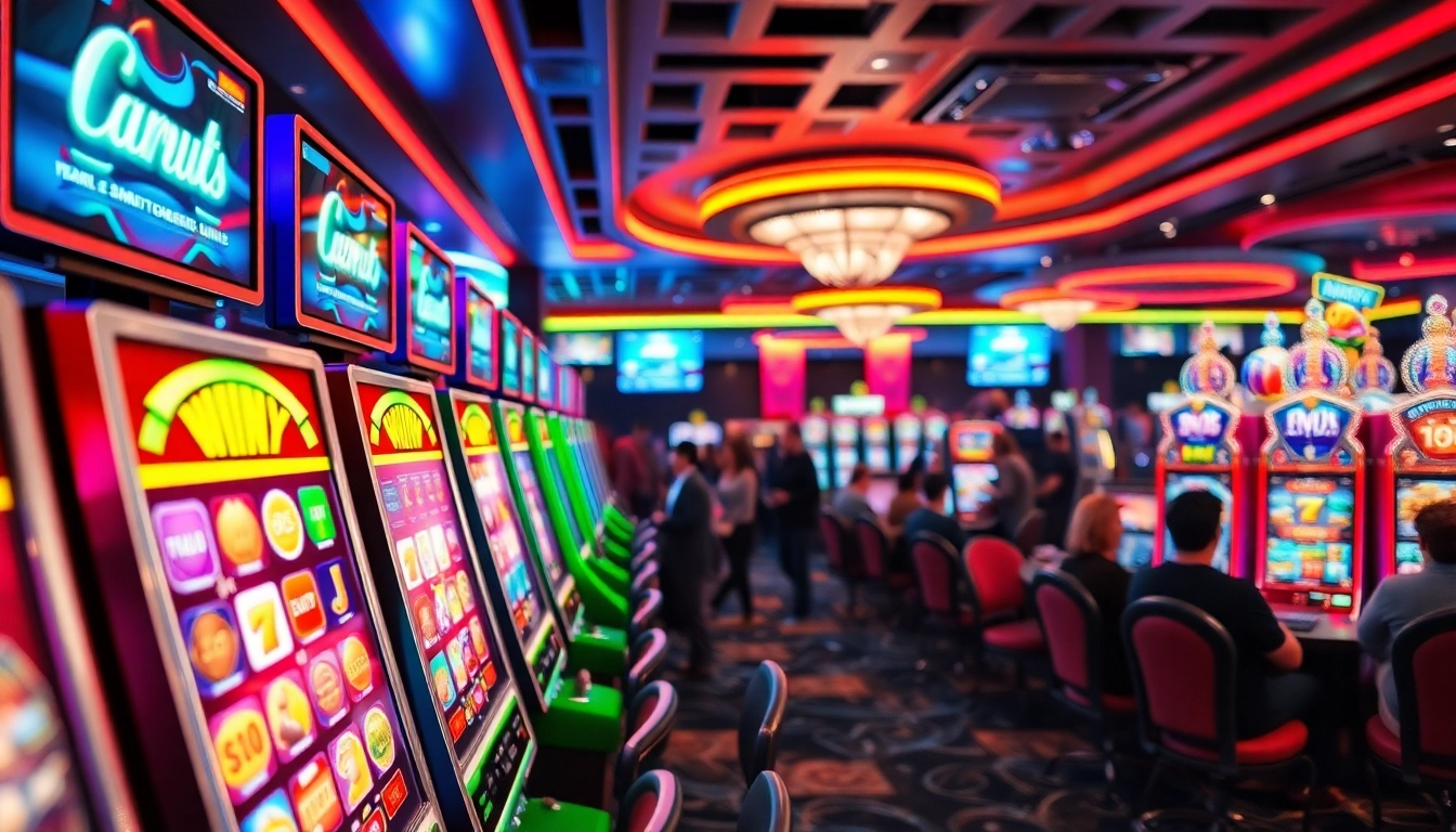 Mega888 latest version slot machines in a vibrant casino, attracting enthusiastic players.