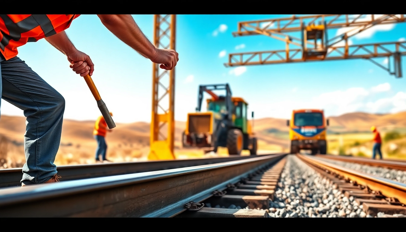 Workers engaged in railroad construction, showcasing dedication and teamwork in track laying.