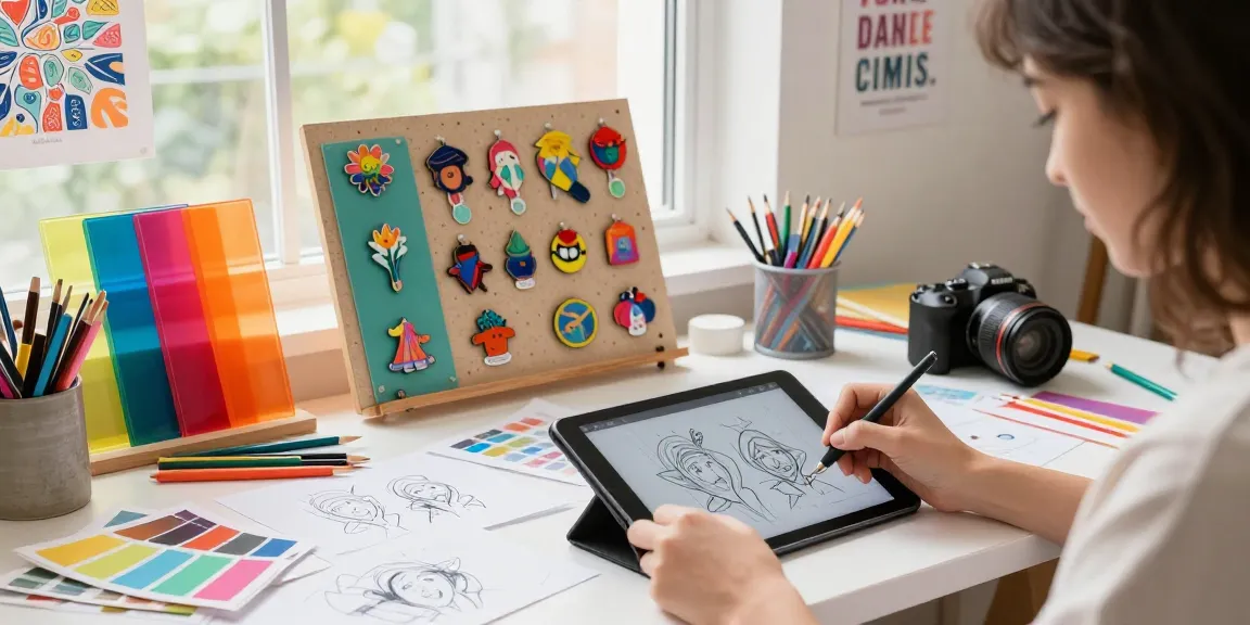 Custom acrylic pins being designed in a creative workspace with vibrant colours and natural light.