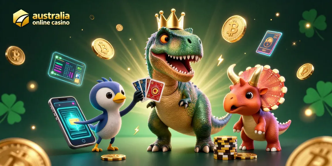 Engage in the vibrant action of an australia online casino scene with cartoon dinosaurs and crypto elements.