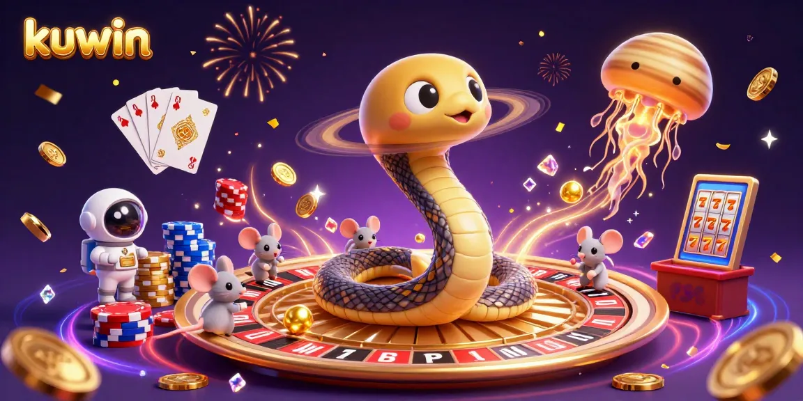 Kuwin players engaging with a cosmic roulette wheel featuring a snake, while astronaut mice bet among golden coins