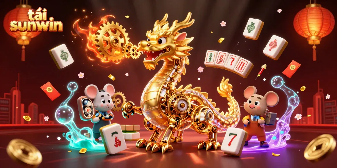 Explore tải sunwin with a vibrant 3D illustration featuring a golden dragon and casino elements.
