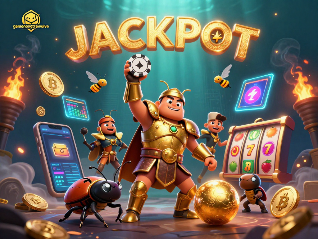 Experience gamenongtraivuive with a heroic beetle celebrating a jackpot amidst vibrant casino elements.
