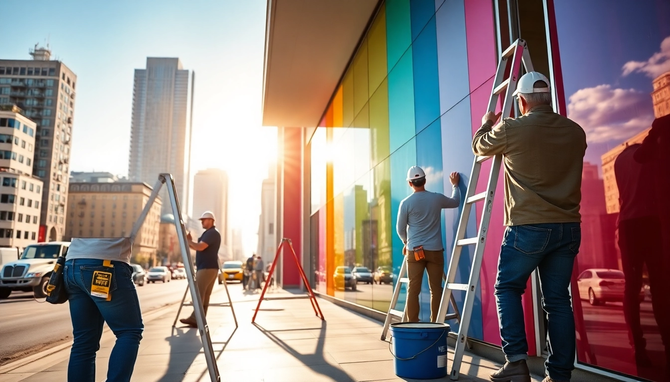 Skilled team of a commercial painting company revitalizing a corporate building's exterior with fresh paint.