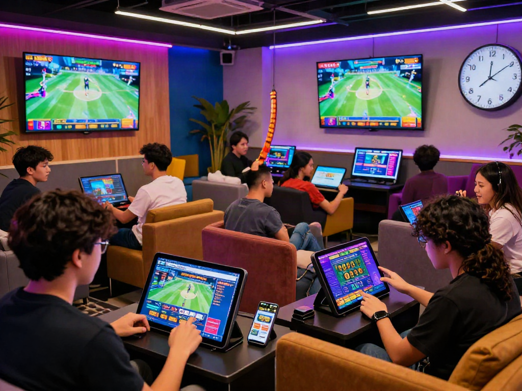 Players enjoying kebuntoto online gaming experience in a stylish lounge with live betting excitement.