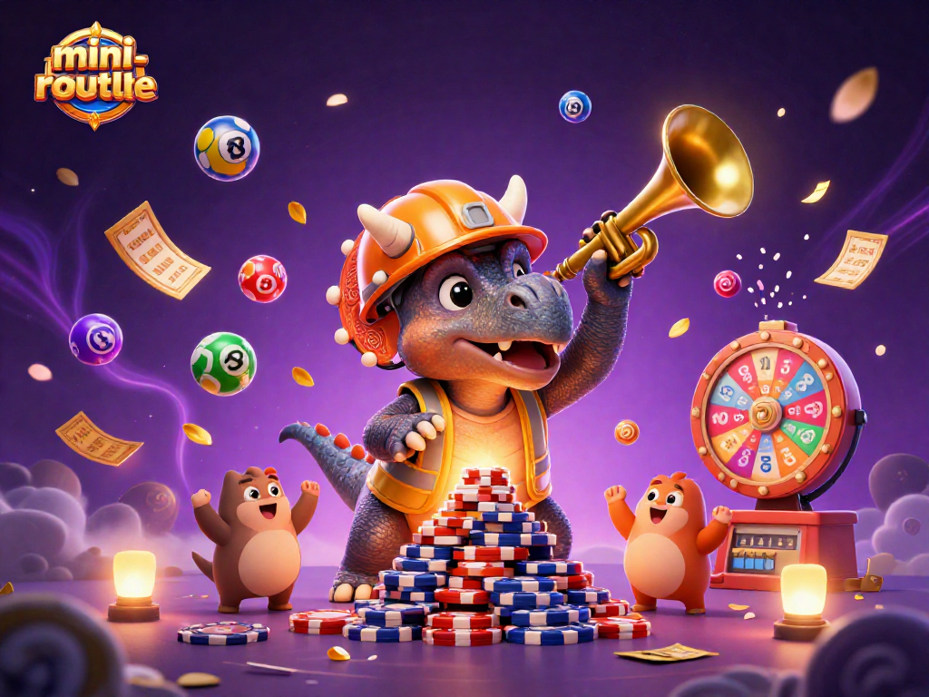 Engage with mini-roulette's vibrant cheer as triceratops builds poker chips amidst dynamic lottery balls.
