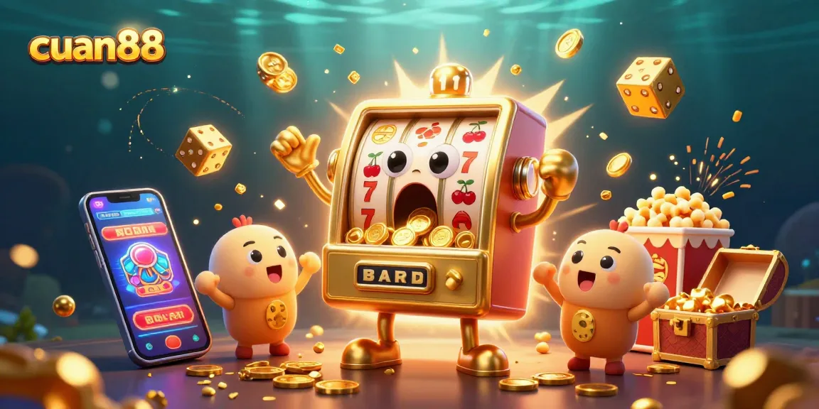 Cuangkah slot cuan88 dengan mesin slot emas bahagia mendapat jackpot, dikelilingi koin dan sorakan mesin kecil.