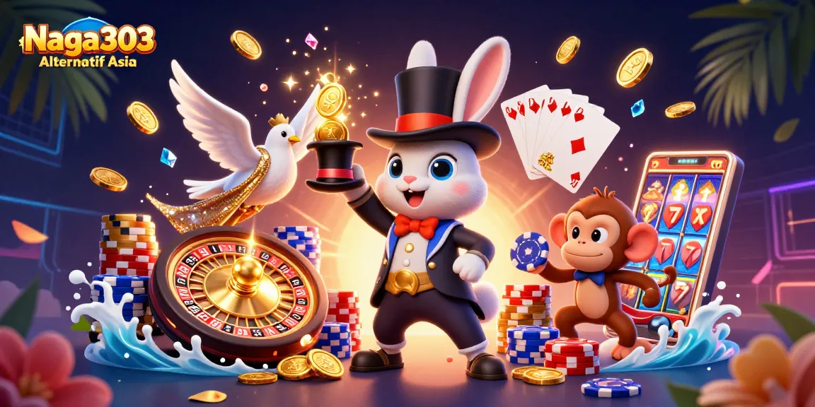 Naga303 Alternatif Asia features a magical scene with a rabbit and dove amidst golden coins, ideal for online betting excitement.