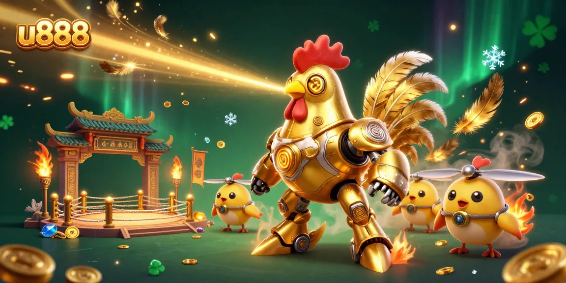 u888 showcases a vibrant 3D casino scene with a golden rooster robot and interactive elements