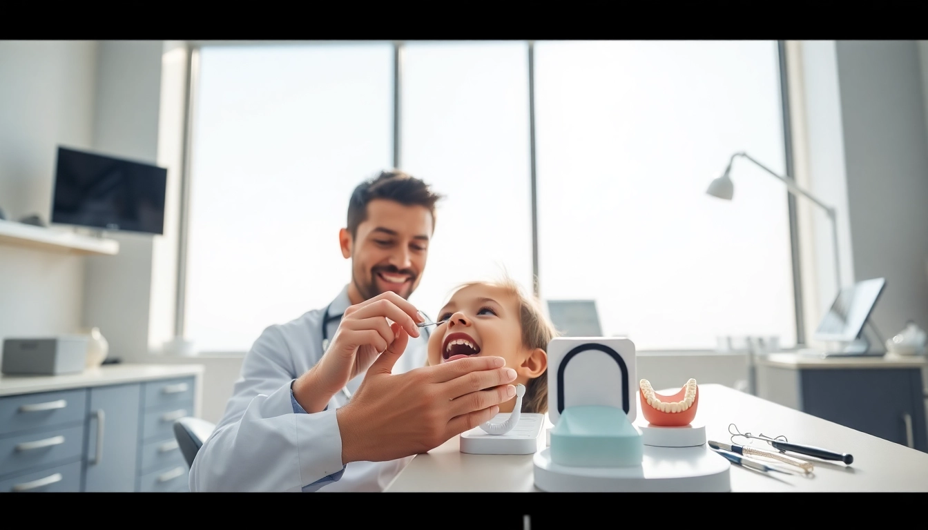 Edmonton orthodontist examining a child's smile in a bright, welcoming clinic.