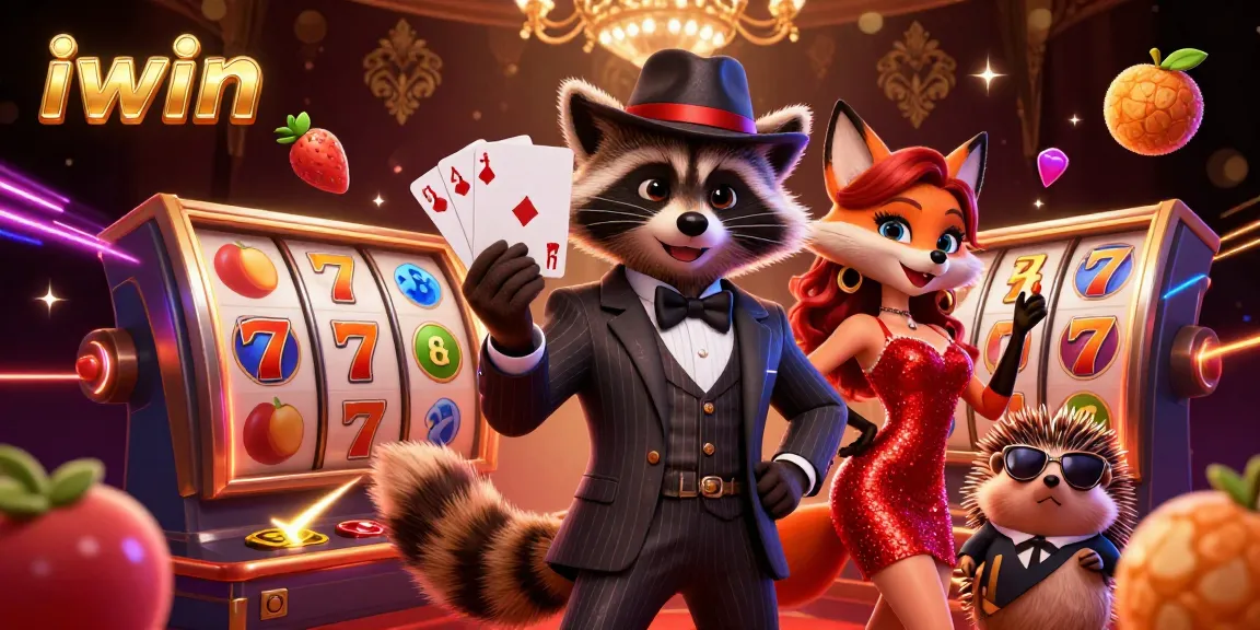 Experience the thrill of iwin with a raccoon holding a royal flush in a vibrant casino scene.