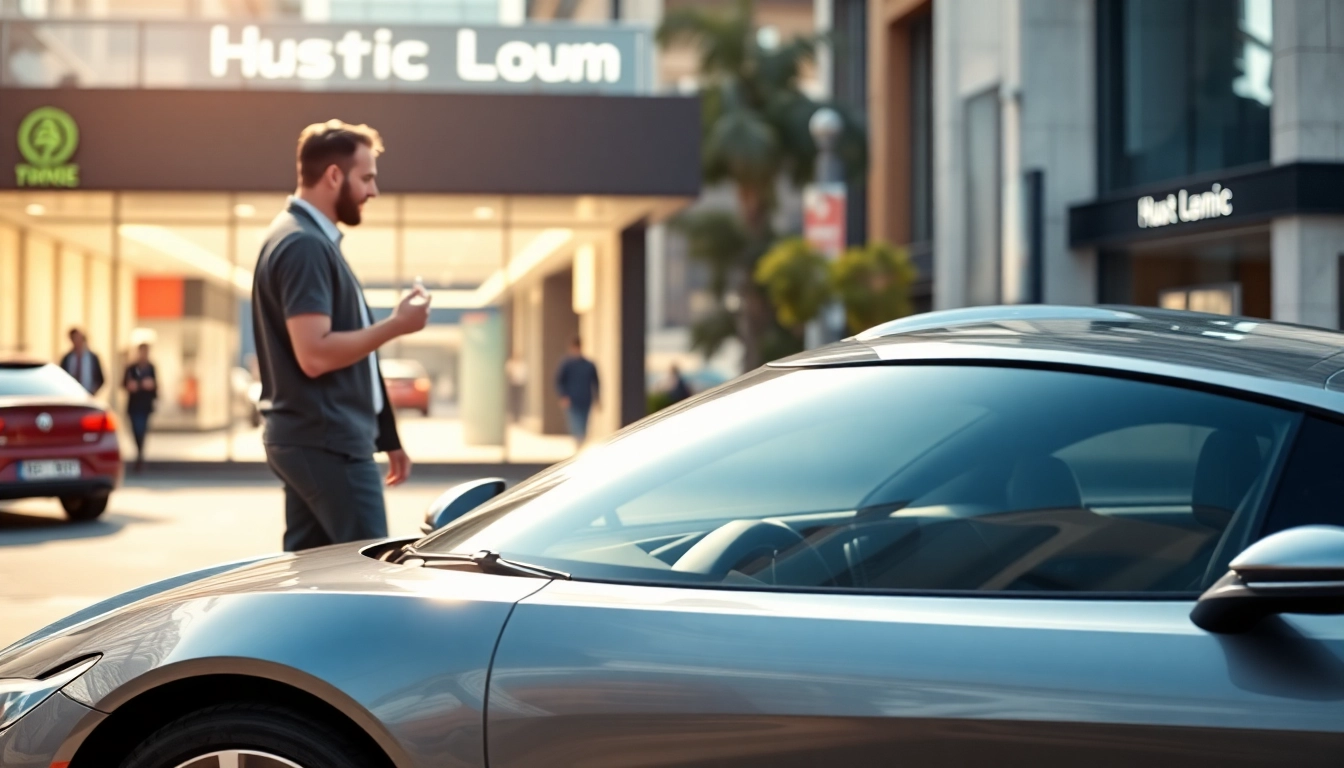 Buy New Car options displayed on a vibrant city street with a focused individual.