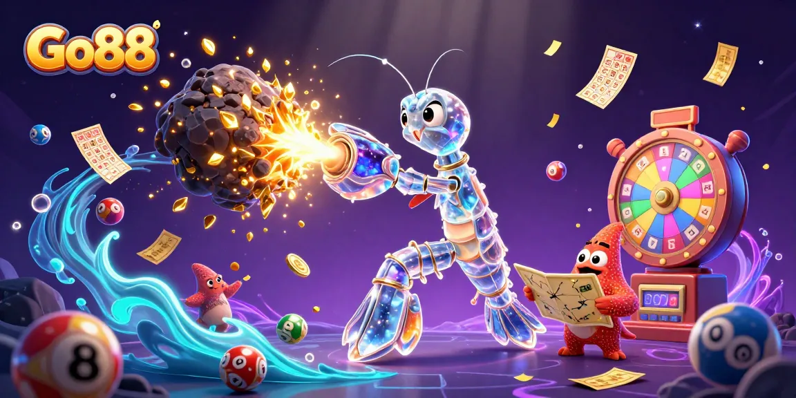 Engage in thrilling gaming adventures at Go88 with vibrant scenes of colorful lottery elements and dynamic characters.