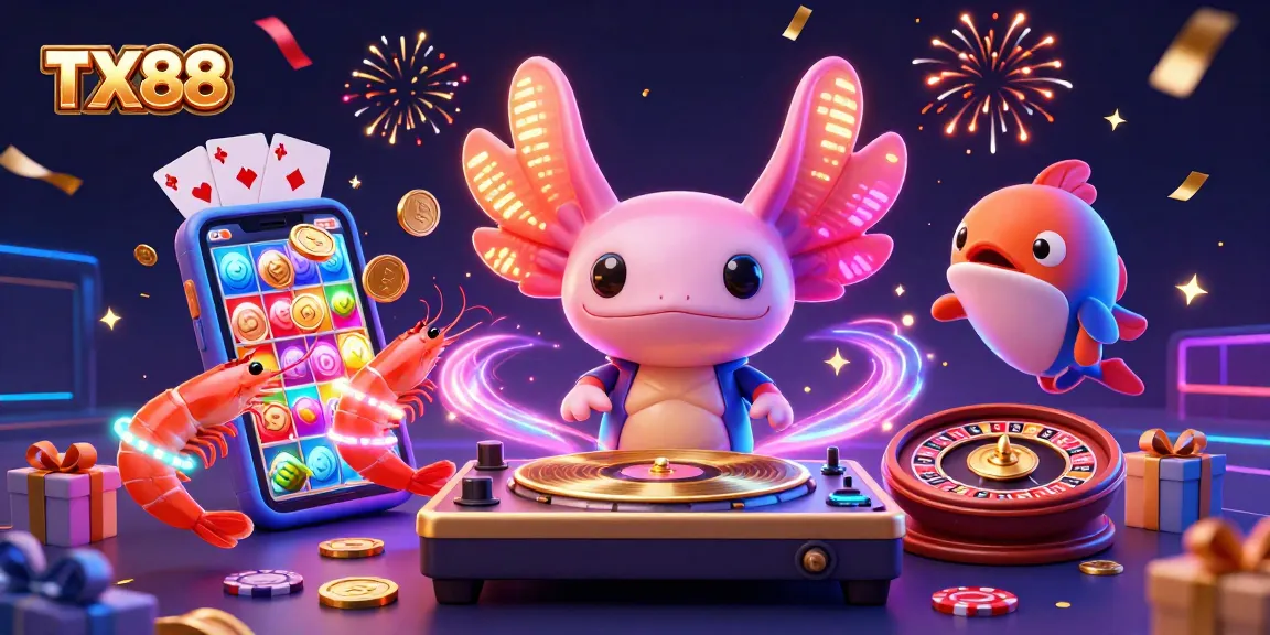 TX88 captivates players with a vibrant 3D casino party featuring an axolotl DJ.