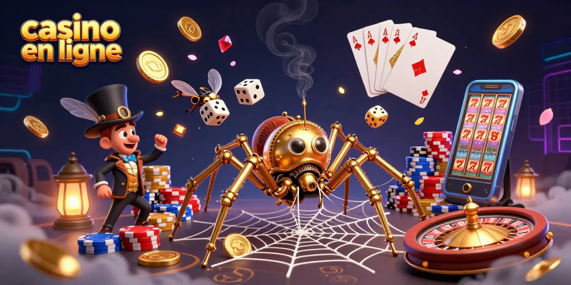 Illustration captivante d'un casino en ligne avec une araignée en steampunk et des éléments de jeu en cercle.