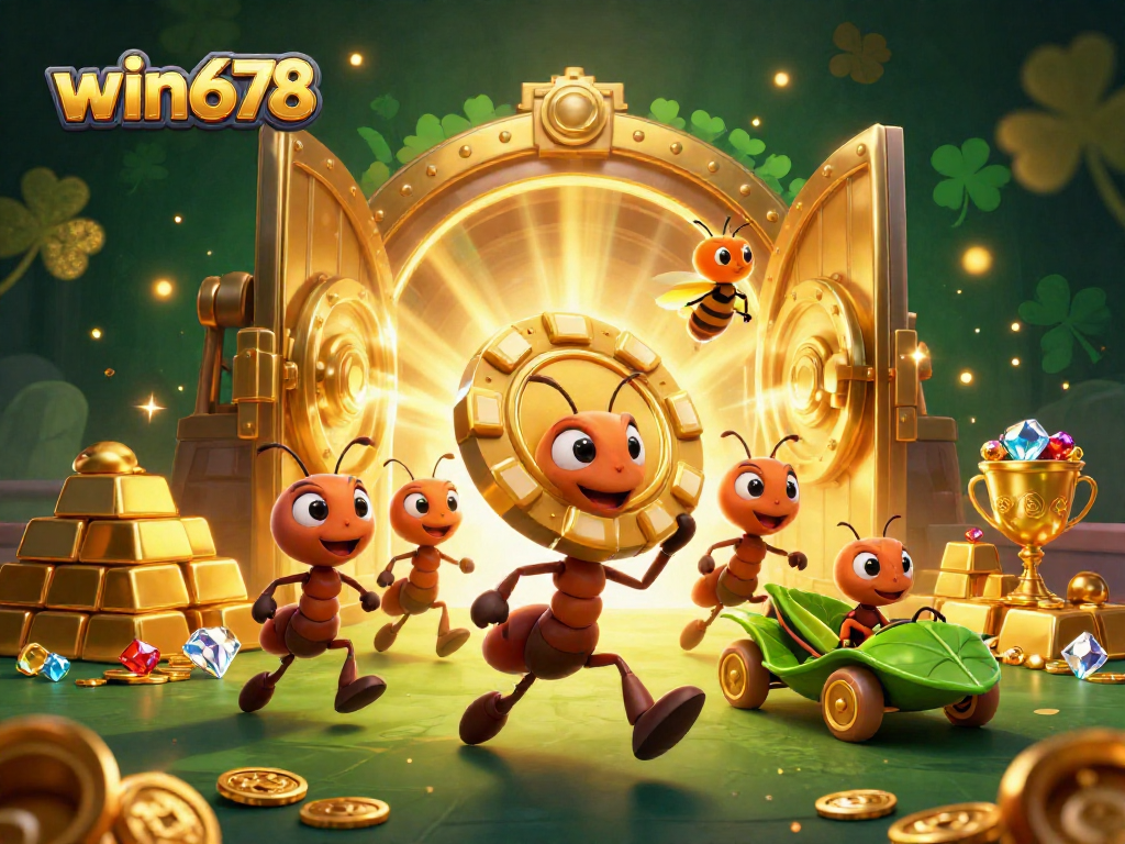 Win678 captures a heist scene with cartoon ants, golden poker chips, and sparkling treasures.