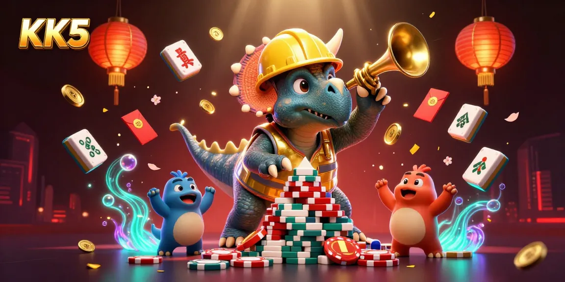 KK5 celebrates with vibrant casino characters building poker chip pyramid amidst festive decorations.