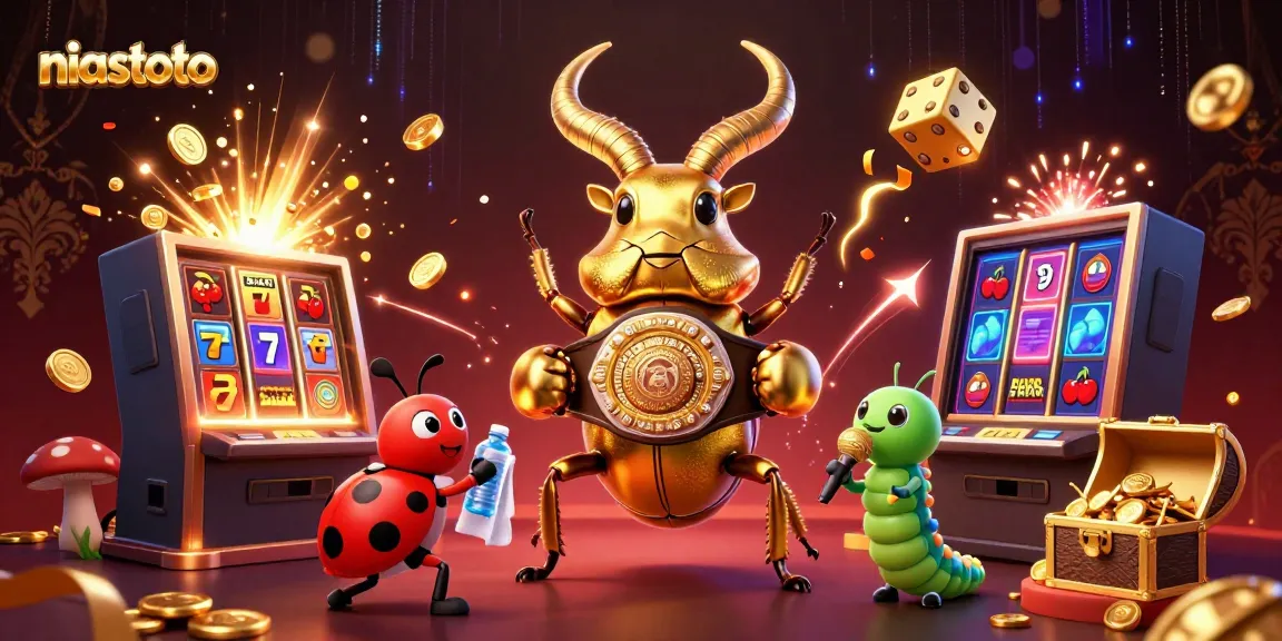NIASTOTO showcases a vibrant scene with a golden beetle champion surrounded by casino jackpots and gaming elements, emphasizing an exciting gambling atmosphere.
