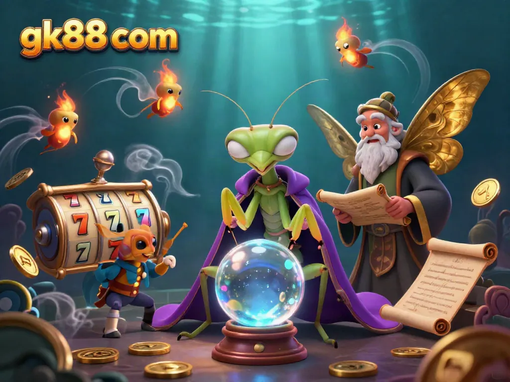 Experience thrilling wins at gk88 com with an enchanting casino scene featuring a fortune teller and vibrant slot elements.