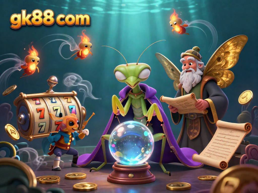 Experience thrilling wins at gk88 com with an enchanting casino scene featuring a fortune teller and vibrant slot elements.