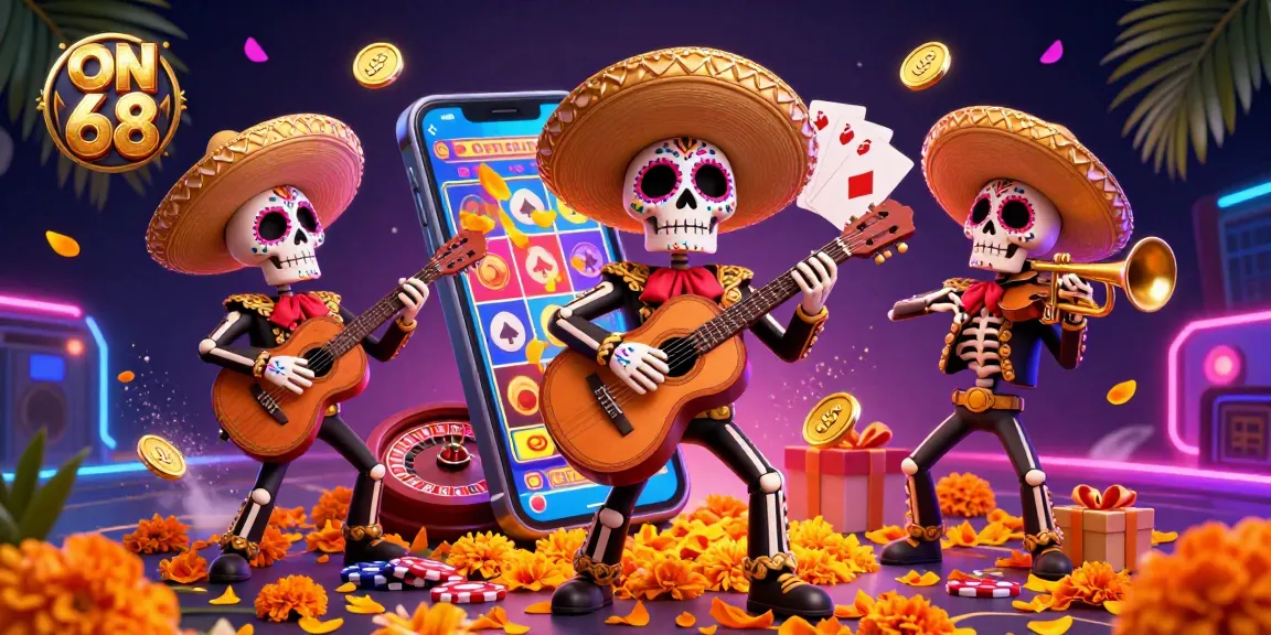 Experience the excitement of ON 68 with a vibrant scene of festive skeleton mariachi musicians and casino elements.