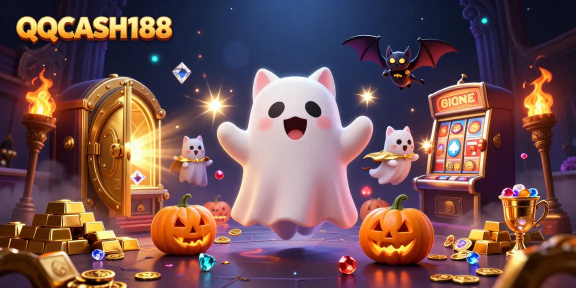 Experience the thrills of QQCASH188 with whimsical characters in a vibrant haunted casino scene filled with treasures.