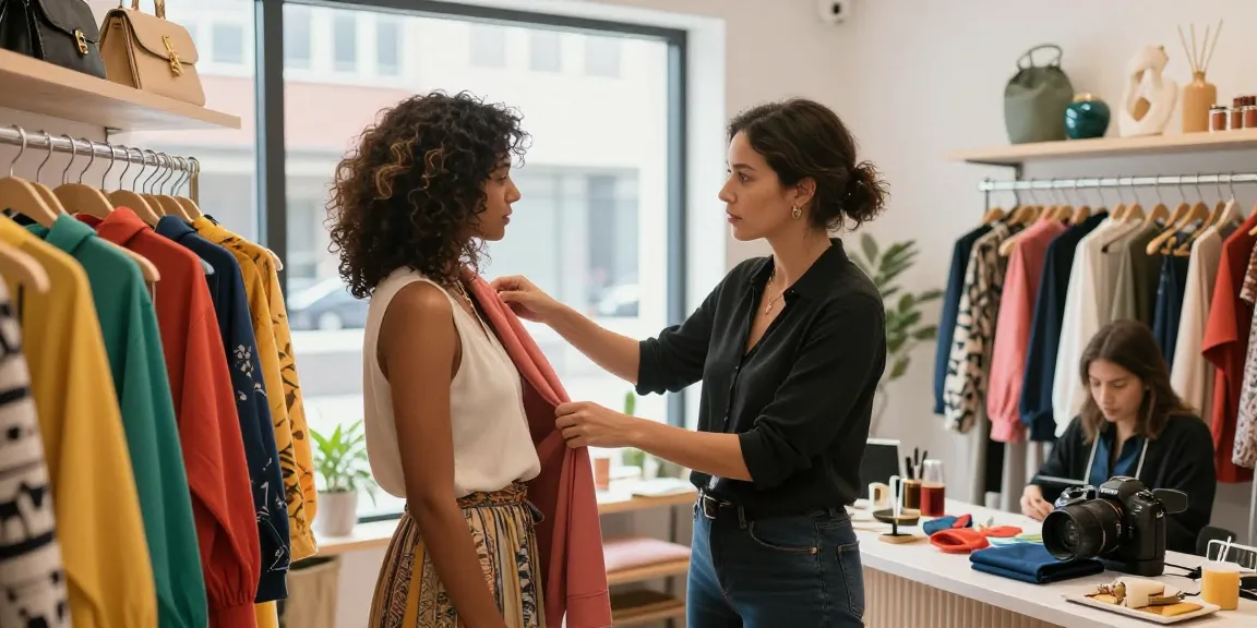 Consulente d'immagine che aiuta una cliente nella scelta di outfit personalizzati.