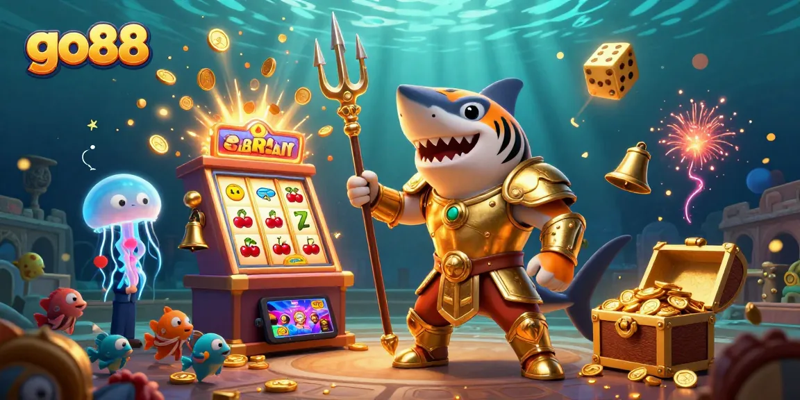 Win big at go88 with a vibrant underwater casino scene featuring a tiger shark and exciting game elements.
