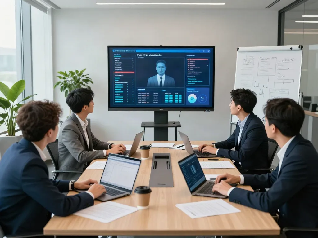 Engaged team in deepfake protected meetings discussing innovative strategies in a modern office.