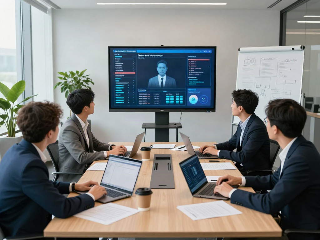 Engaged team in deepfake protected meetings discussing innovative strategies in a modern office.