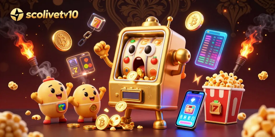 Socolivetv10 showcases a lively scene with vibrant golden slot machines celebrating a jackpot amidst dynamic casino elements.