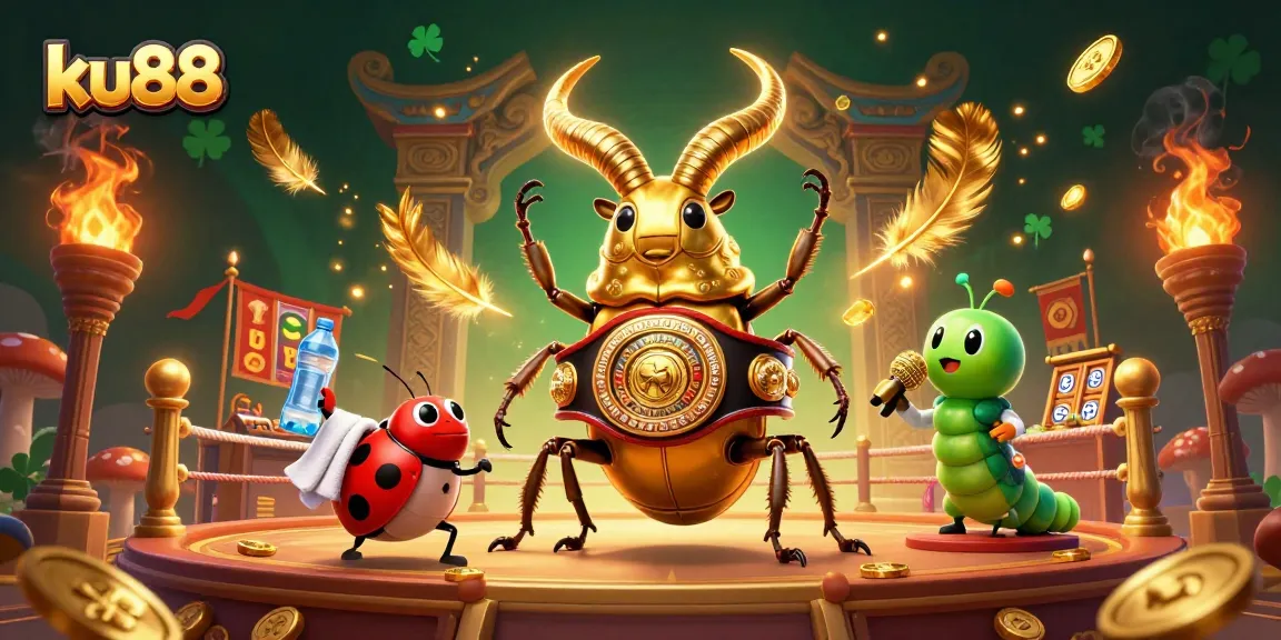 ku88 offers an engaging scene with a golden stag beetle challenger in a dynamic casino arena atmosphere.