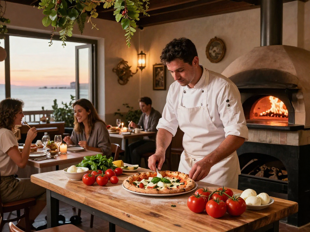 Chef preparing Neapolitan pizza with fresh ingredients in a cozy restaurant, highlighting lavowin dining culture.