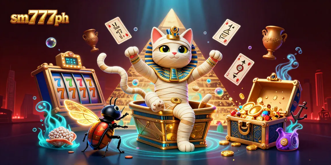 Experience thrilling gameplay with sm777ph, featuring a mummy cat and golden wings in a vibrant casino scene.