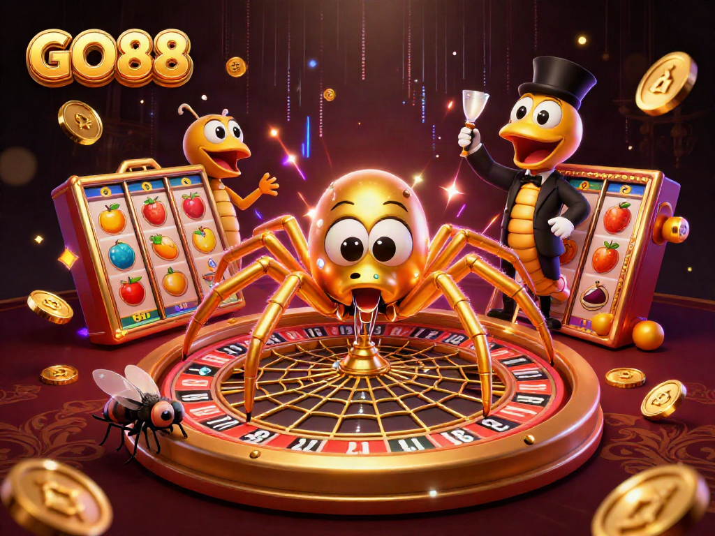 Experience the thrill of GO88 with a golden spider and centipede croupier creating a roulette web full of casino action.
