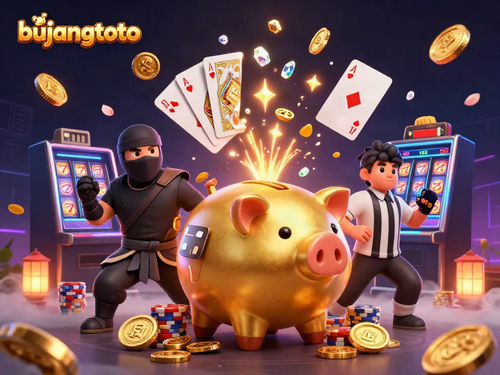 Bujangtoto enthusiasts enjoy thrilling casino games with golden piggy bank sumo wrestler amid dynamic visuals.
