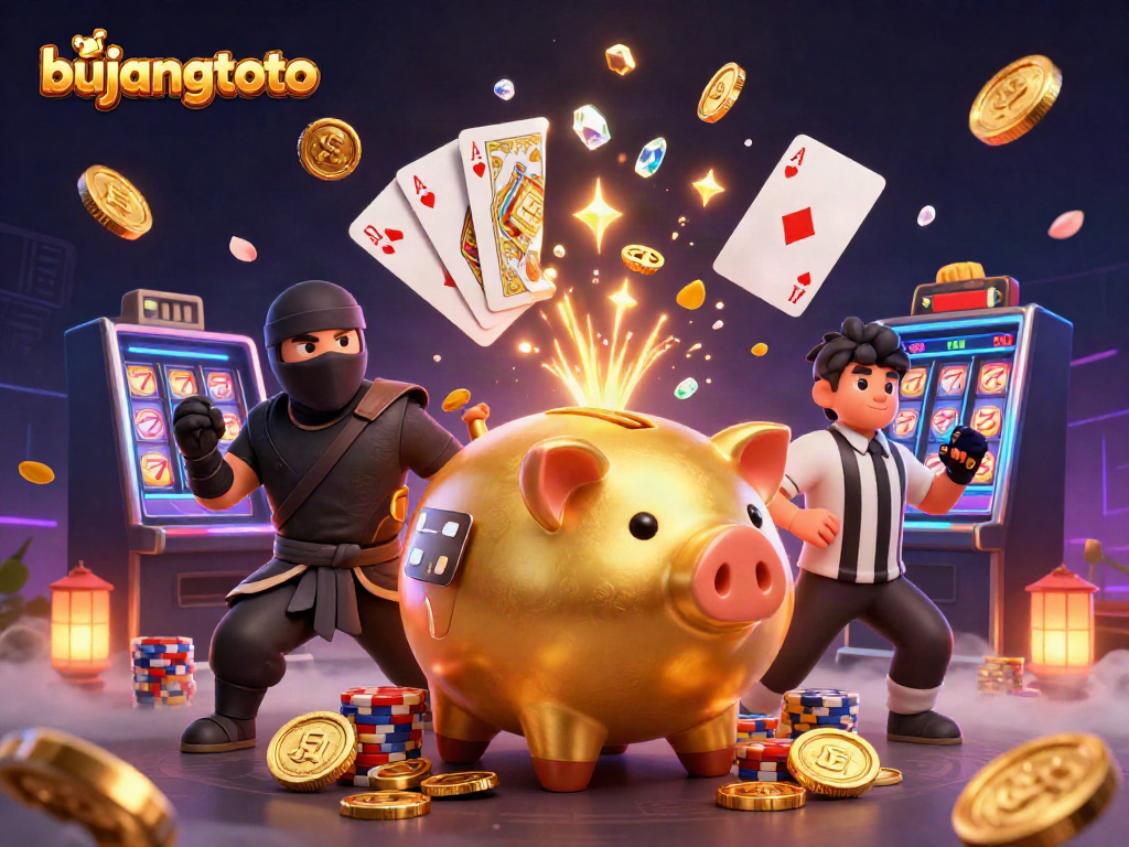 Bujangtoto enthusiasts enjoy thrilling casino games with golden piggy bank sumo wrestler amid dynamic visuals.