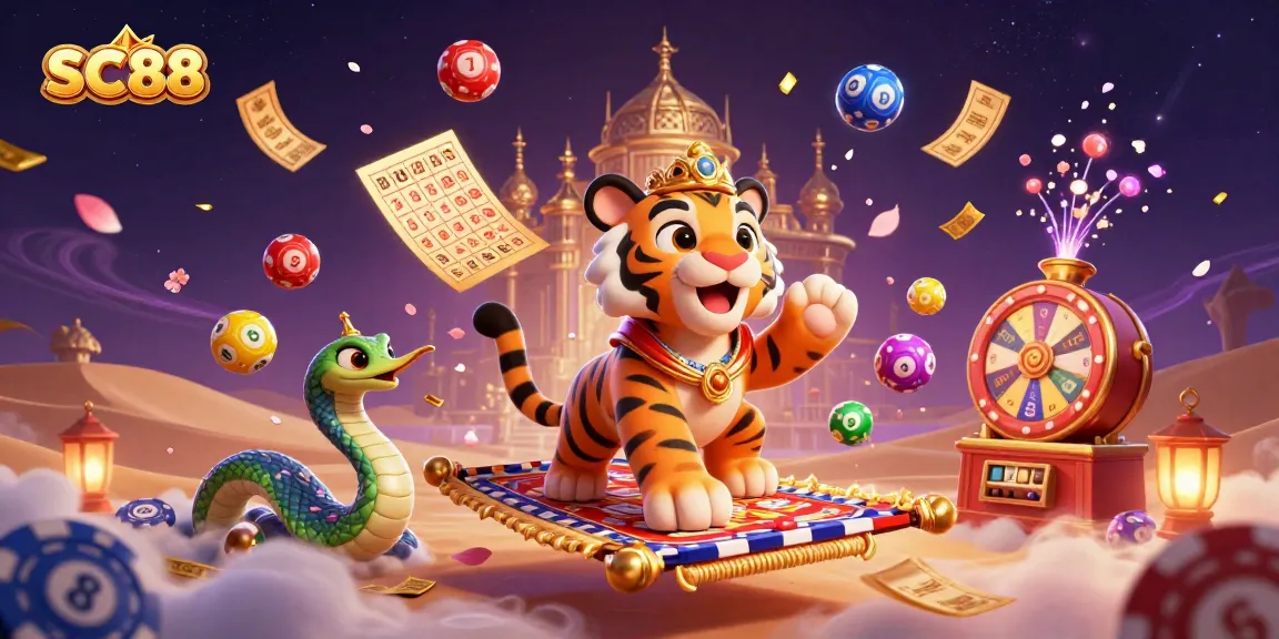 Engage in thrilling gaming at SC88 with a vibrant tiger sultan, golden prizes, and dynamic lottery elements.