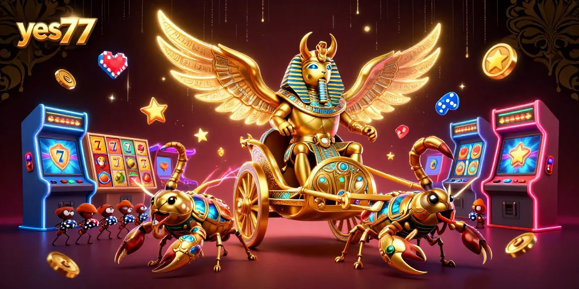 Permainan slot jackpot yes77 dengan scarab emas dan simbol keberuntungan megah.